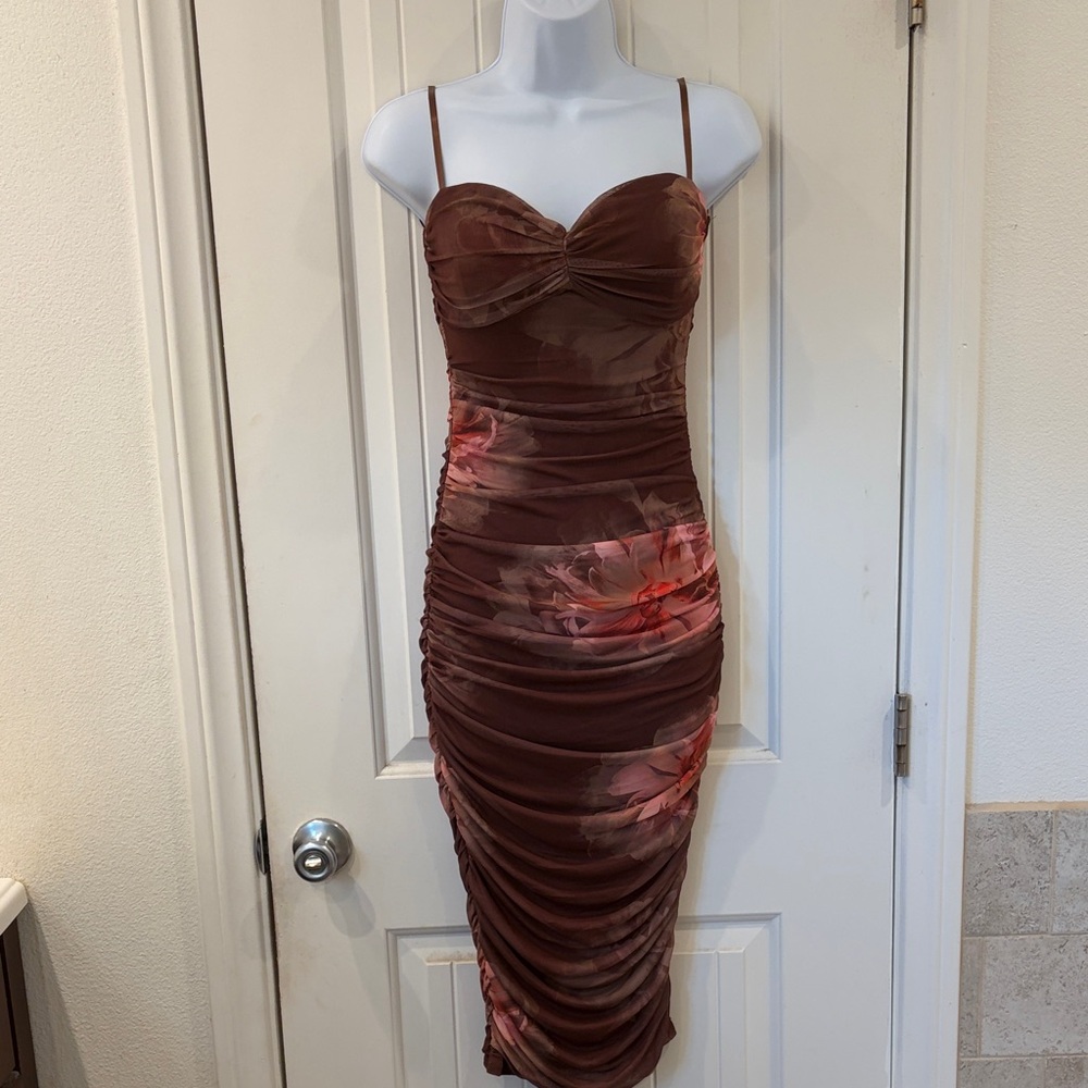 Windsor Brown Floral Ruched Midi Dress
